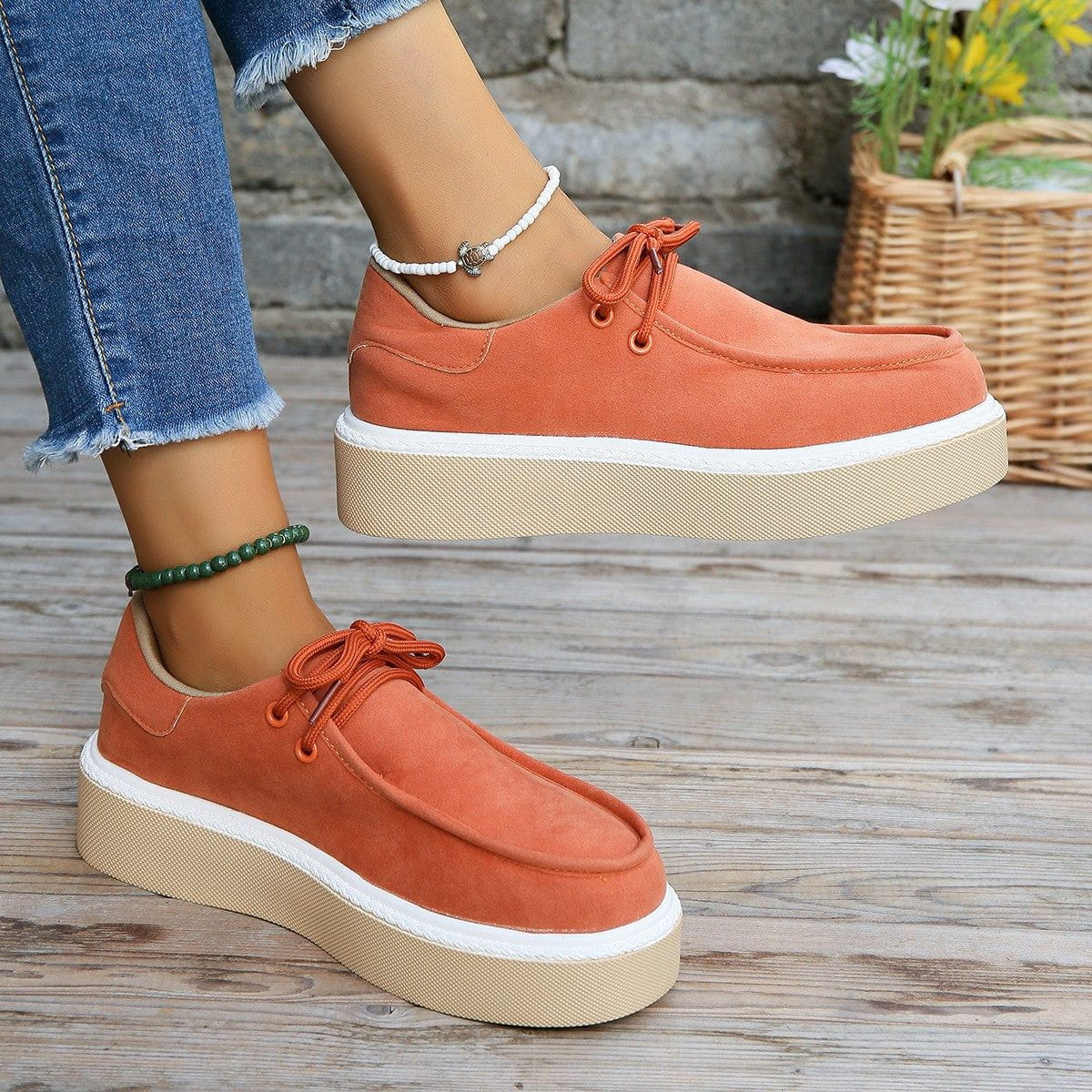 Womens Lace-Up Flats with Thick Sole Sneakers