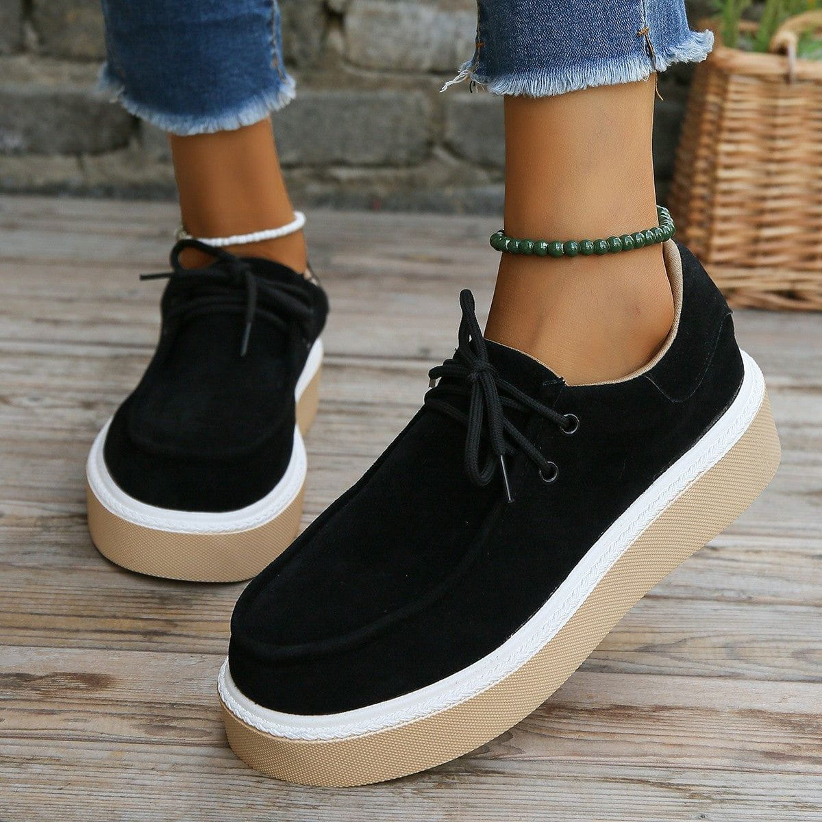 Womens Lace-Up Flats with Thick Sole Sneakers