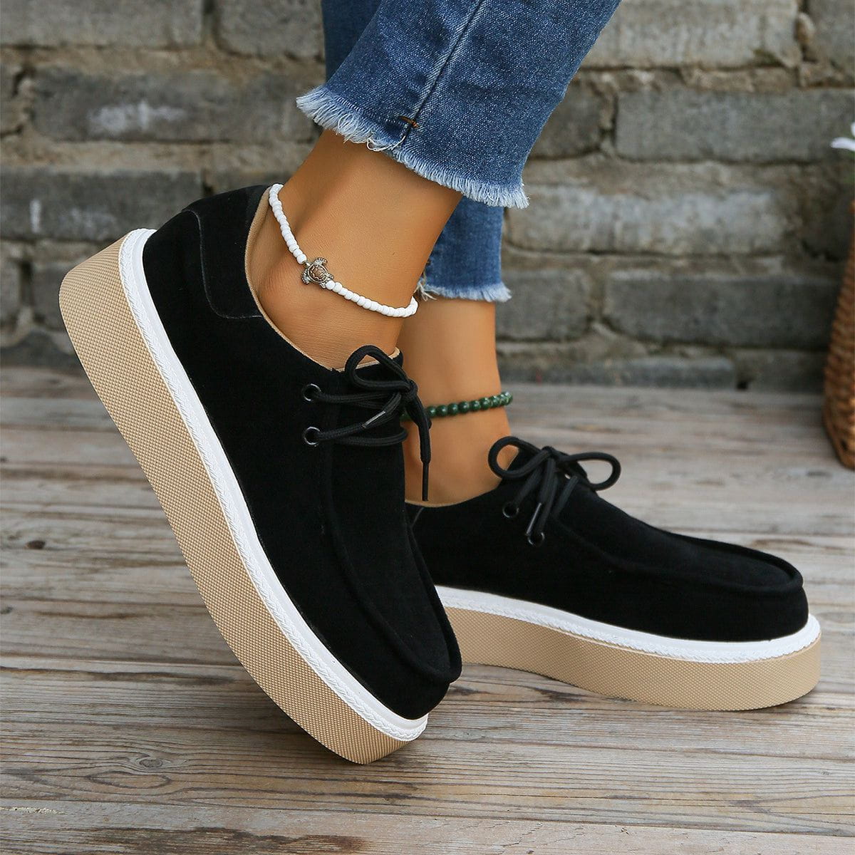 Womens Lace-Up Flats with Thick Sole Sneakers