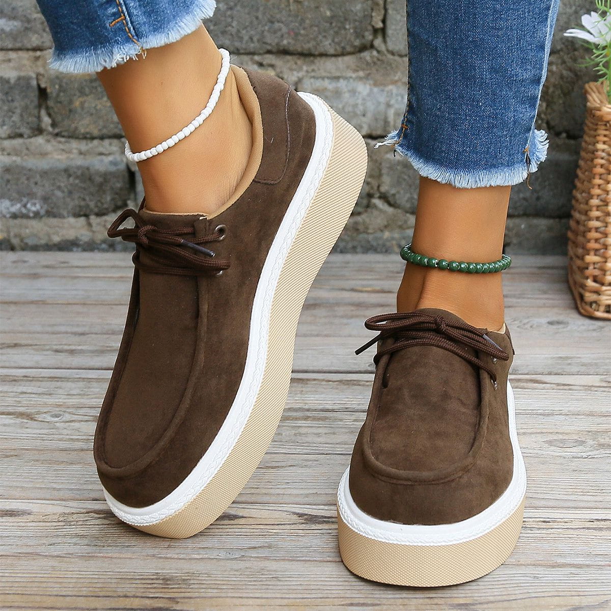 Womens Lace-Up Flats with Thick Sole Sneakers